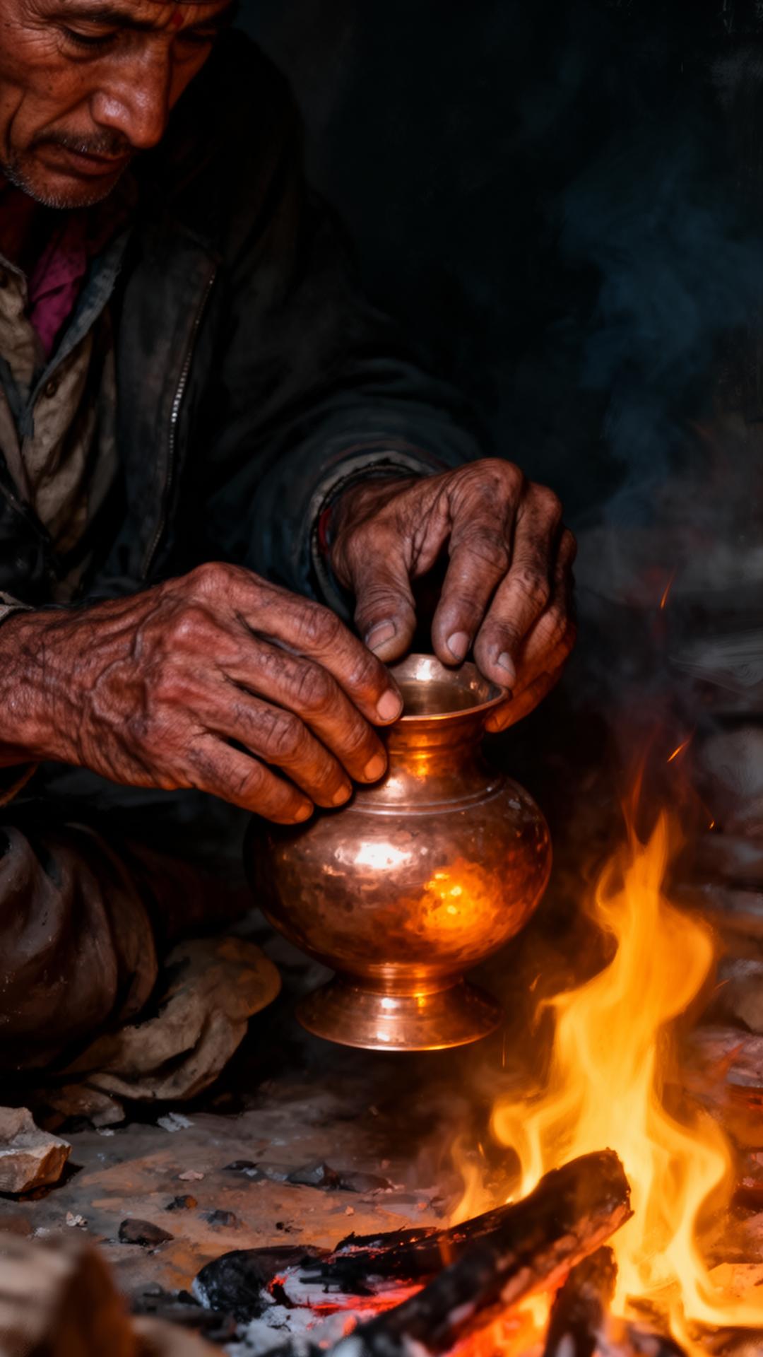 A Himalayan artisan shaping a copper vessel